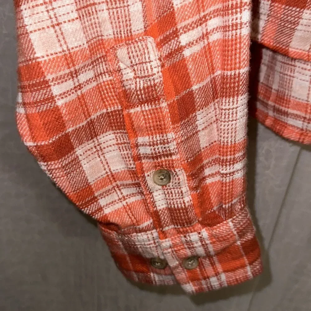 AE L Gorgeous Orange Plaid High Low Cropped Flannel Shirt Distressed Elbows